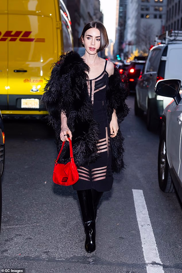 Lily Collins Stuns in a Daring Black Catsuit and Feather Coat in Manhattan